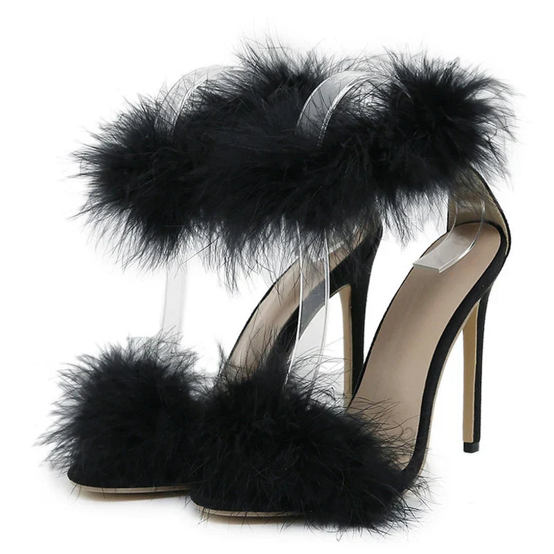 Cozy Summer Faux Fur Ankle Strap Open Toe Feather High Heel