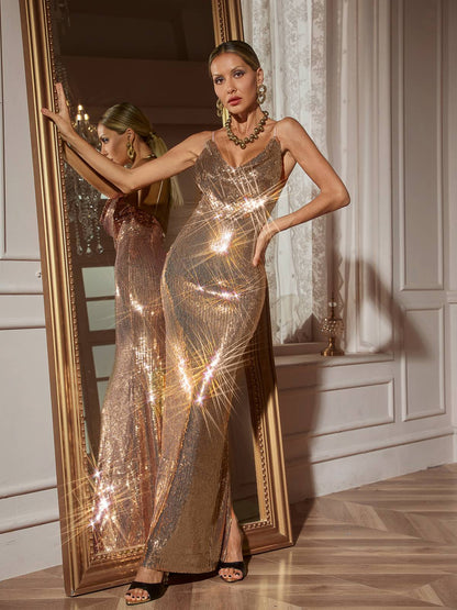 Spaghetti Strap Deep V Cowl Sequin Mesh High Slit Column Maxi Gown