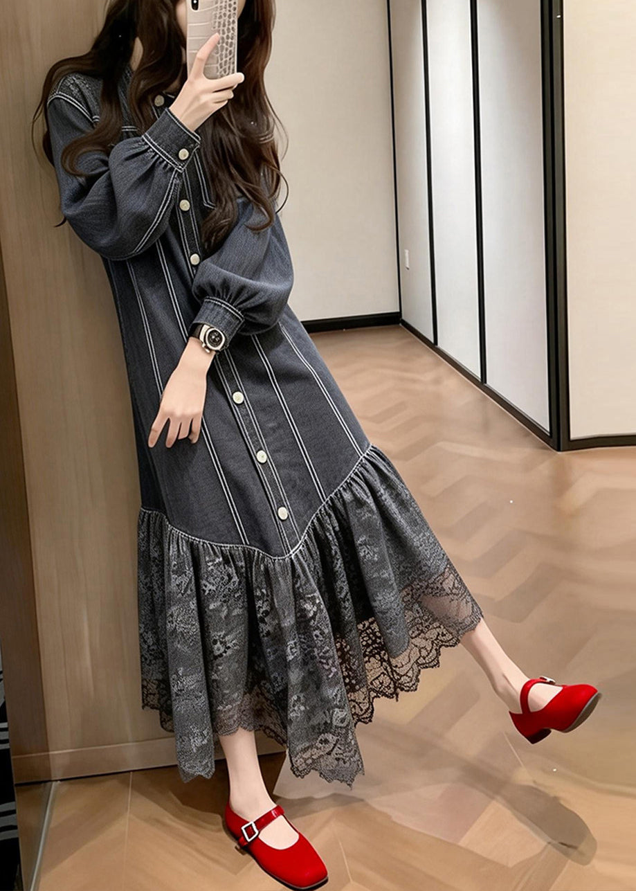 Pinstripe Button Front Puff Sleeve Lace Ruffle Hem Midi Dress