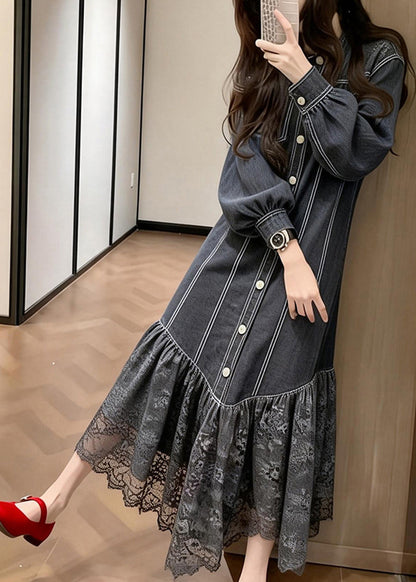 Pinstripe Button Front Puff Sleeve Lace Ruffle Hem Midi Dress