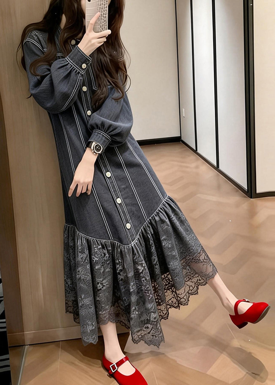 Pinstripe Button Front Puff Sleeve Lace Ruffle Hem Midi Dress