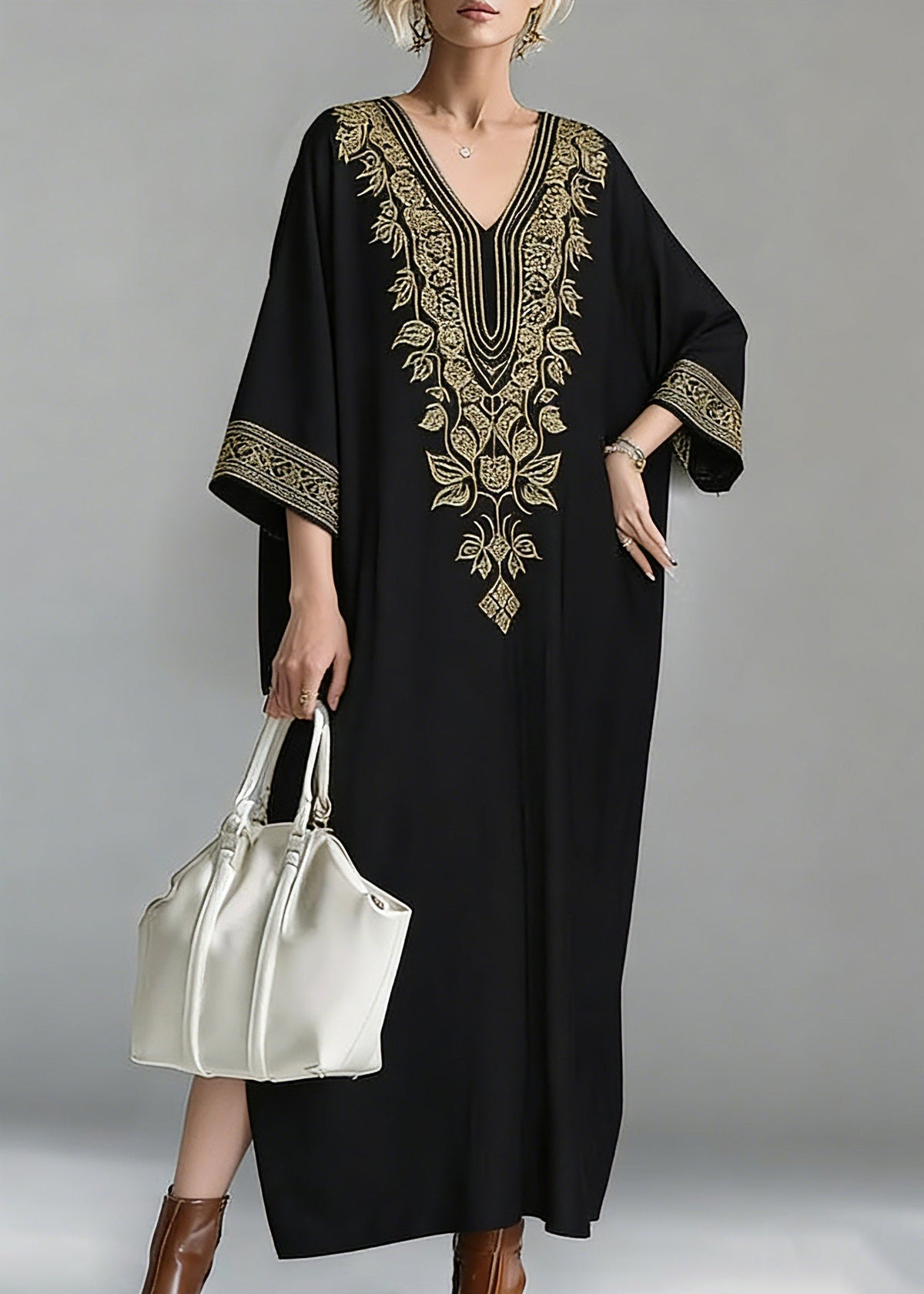 Deep V-Neck Leaf Embroidery Wide Cuff Batwing Sleeve Floor-Length Maxi Dress