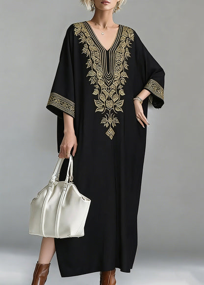 Deep V-Neck Leaf Embroidery Wide Cuff Batwing Sleeve Floor-Length Maxi Dress