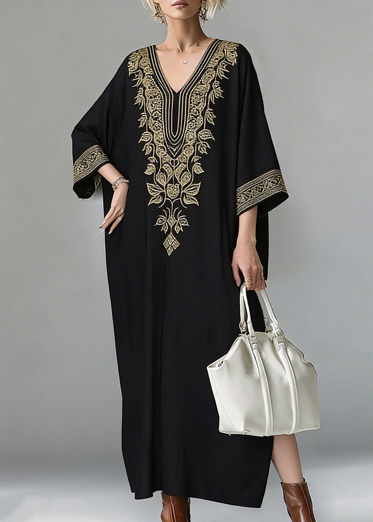 Deep V-Neck Leaf Embroidery Wide Cuff Batwing Sleeve Floor-Length Maxi Dress
