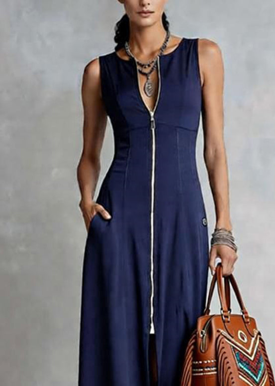 Deep V Neck Front Zip Pocket Tailored Princess Seam Maxi Dress