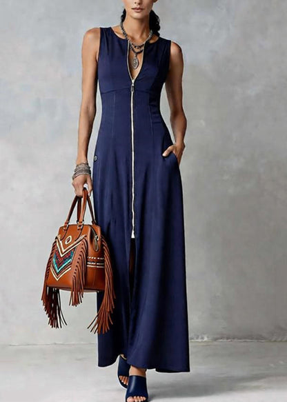 Deep V Neck Front Zip Pocket Tailored Princess Seam Maxi Dress