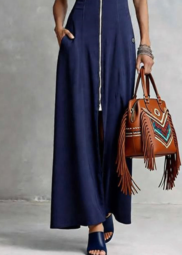Deep V Neck Front Zip Pocket Tailored Princess Seam Maxi Dress
