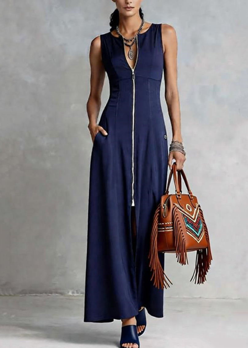 Deep V Neck Front Zip Pocket Tailored Princess Seam Maxi Dress