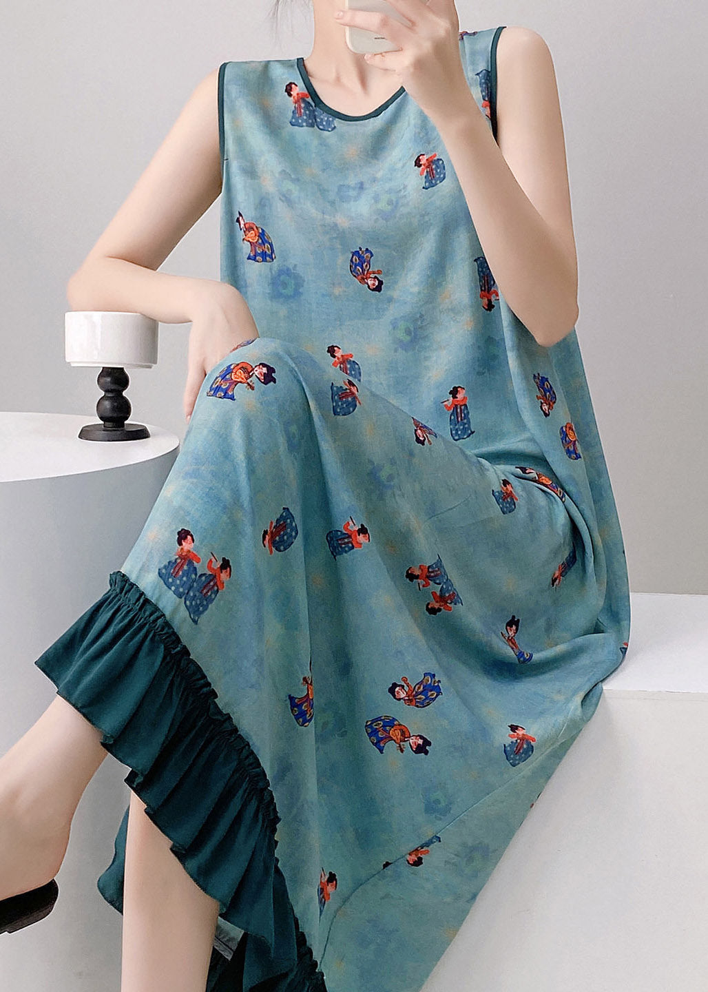 Round Neck Piped Graphic Print Tiered Ruffle Hem Maxi Dress
