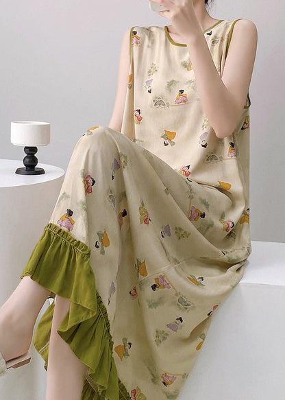 Round Neck Piped Graphic Print Tiered Ruffle Hem Maxi Dress