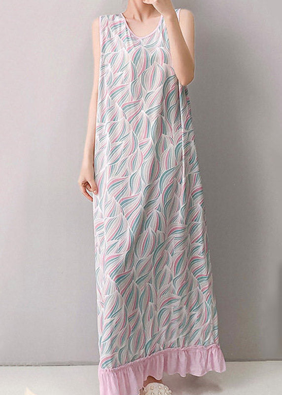 Round Neck Piped Graphic Print Tiered Ruffle Hem Maxi Dress