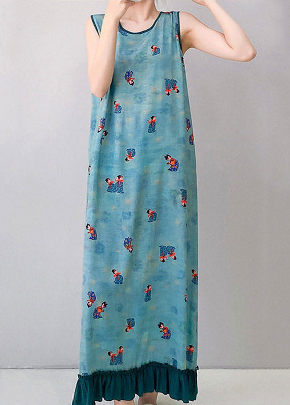 Round Neck Piped Graphic Print Tiered Ruffle Hem Maxi Dress
