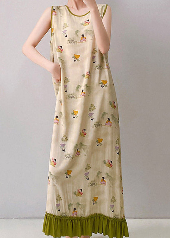 Round Neck Piped Graphic Print Tiered Ruffle Hem Maxi Dress