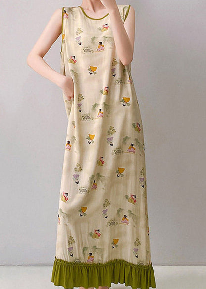 Round Neck Piped Graphic Print Tiered Ruffle Hem Maxi Dress