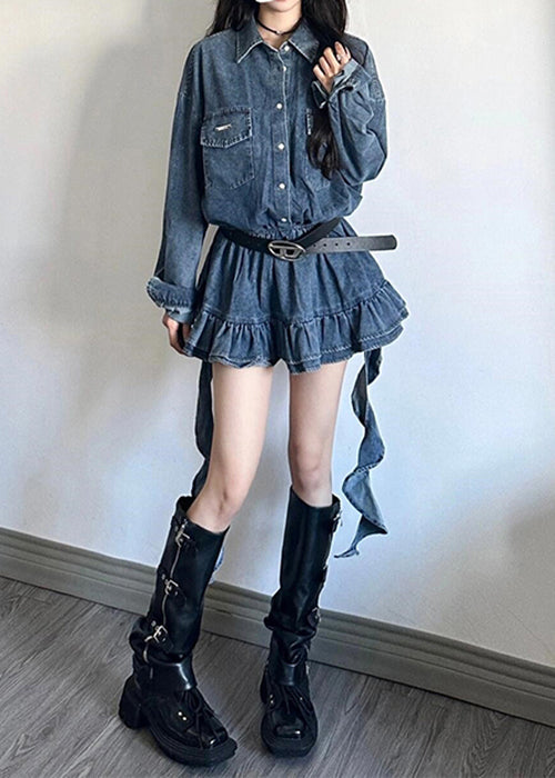 Peter Pan Collar Button Front Ruffled Hem Denim Shirt and Mini Skirt Set