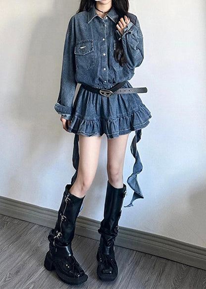 Peter Pan Collar Button Front Ruffled Hem Denim Shirt and Mini Skirt Set