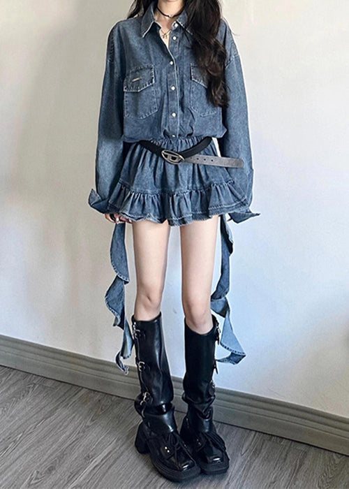 Peter Pan Collar Button Front Ruffled Hem Denim Shirt and Mini Skirt Set