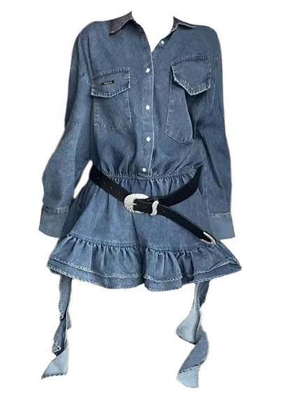 Peter Pan Collar Button Front Ruffled Hem Denim Shirt and Mini Skirt Set
