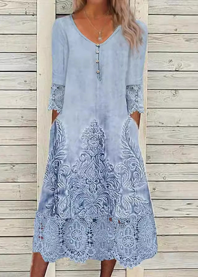 Partial Button Front Damask Embroidery Lace Cuff Hem Pocket Midi Dress