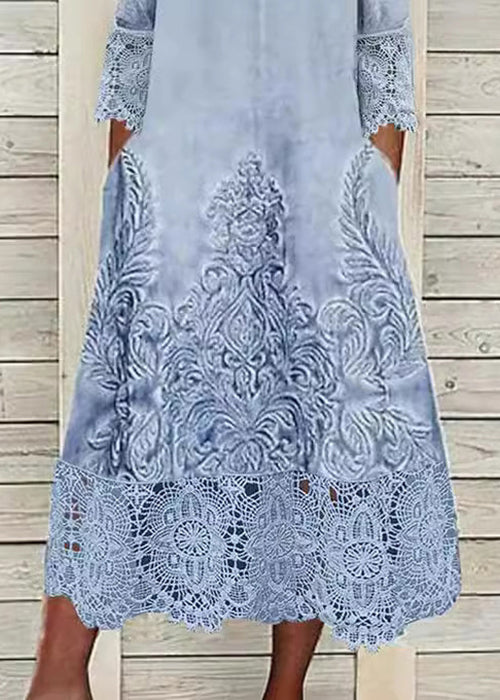 Partial Button Front Damask Embroidery Lace Cuff Hem Pocket Midi Dress