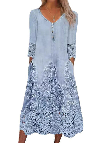 Partial Button Front Damask Embroidery Lace Cuff Hem Pocket Midi Dress
