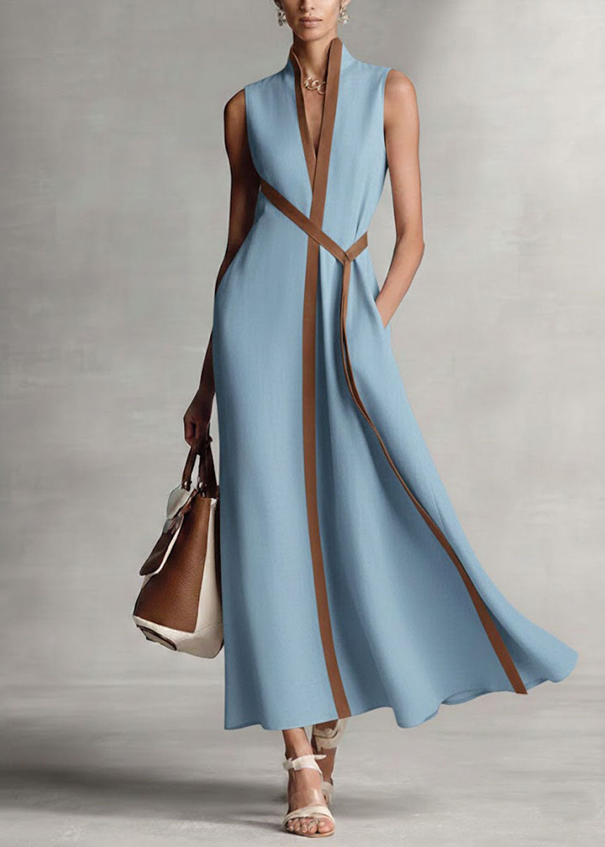 Stand Collar V-Neck Contrast Piping Tie Waist Pocket Maxi Dress