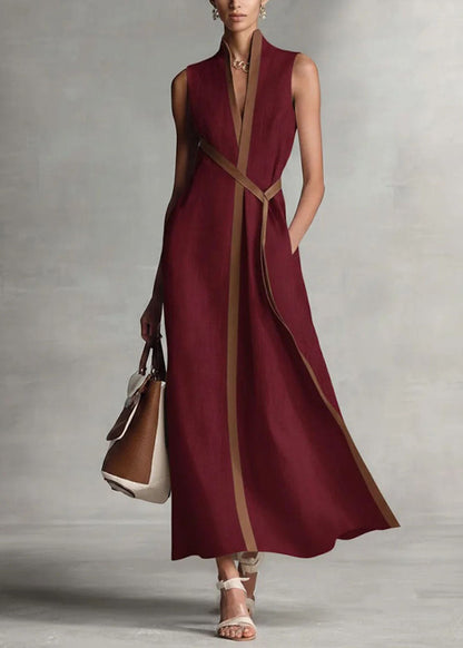 Stand Collar V-Neck Contrast Piping Tie Waist Pocket Maxi Dress