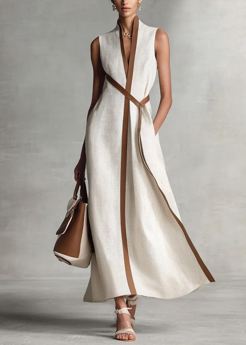 Stand Collar V-Neck Contrast Piping Tie Waist Pocket Maxi Dress