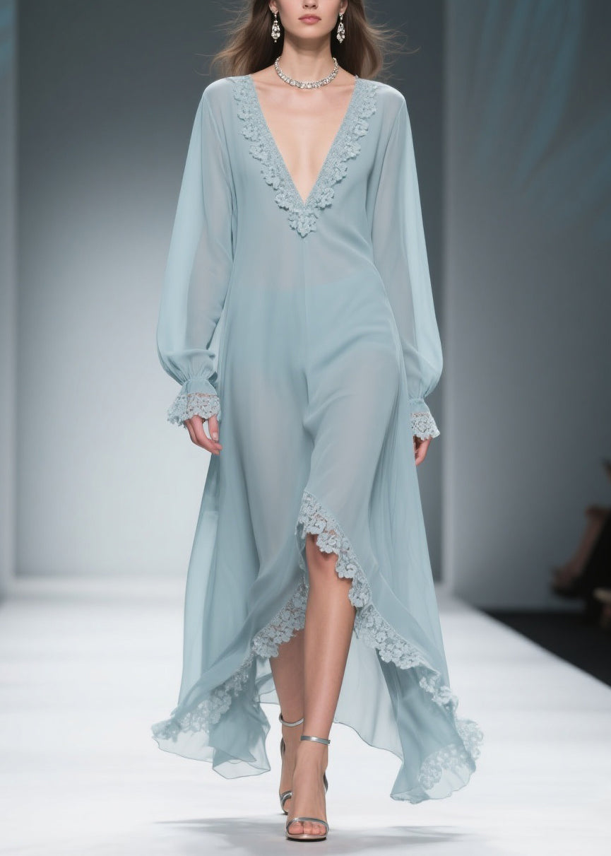 Deep V-Neck Lace Applique Balloon Sleeve Ruffled High-Low Chiffon Maxi Gown