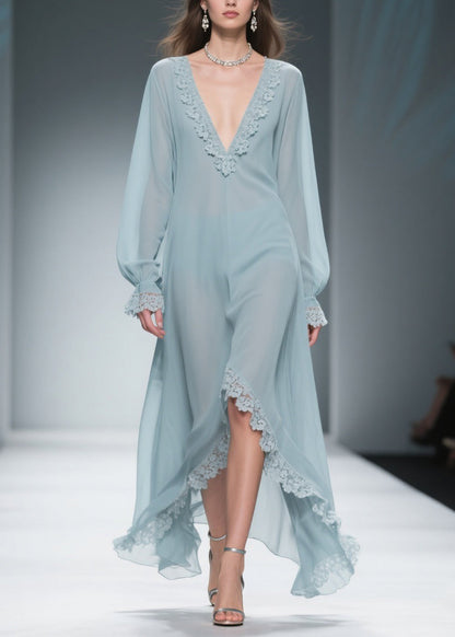 Deep V-Neck Lace Applique Balloon Sleeve Ruffled High-Low Chiffon Maxi Gown