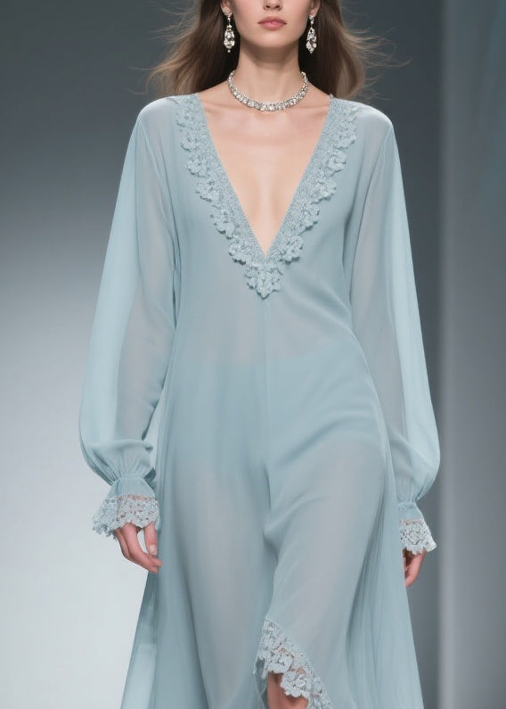 Deep V-Neck Lace Applique Balloon Sleeve Ruffled High-Low Chiffon Maxi Gown