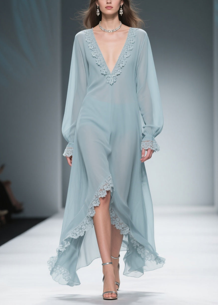Deep V-Neck Lace Applique Balloon Sleeve Ruffled High-Low Chiffon Maxi Gown