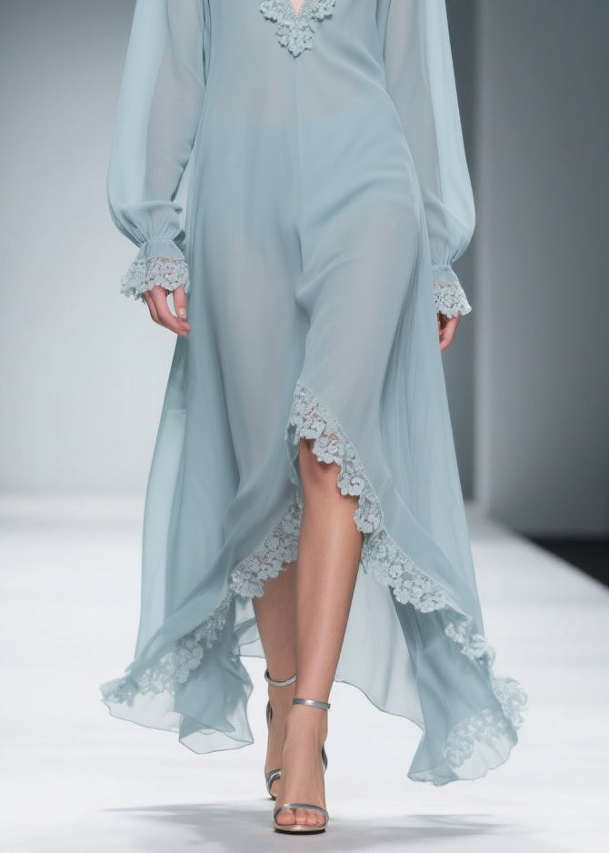 Deep V-Neck Lace Applique Balloon Sleeve Ruffled High-Low Chiffon Maxi Gown