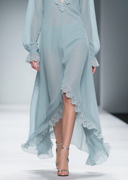 Deep V-Neck Lace Applique Balloon Sleeve Ruffled High-Low Chiffon Maxi Gown