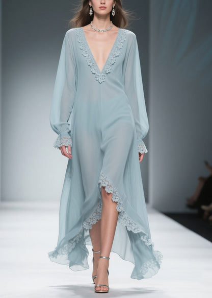 Deep V-Neck Lace Applique Balloon Sleeve Ruffled High-Low Chiffon Maxi Gown