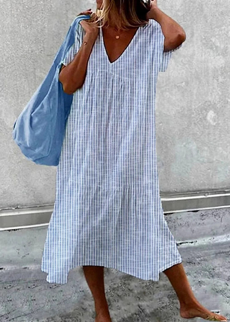 Round Neck Vertical Stripe Scarf Tie Lace Cuff Maxi Dress