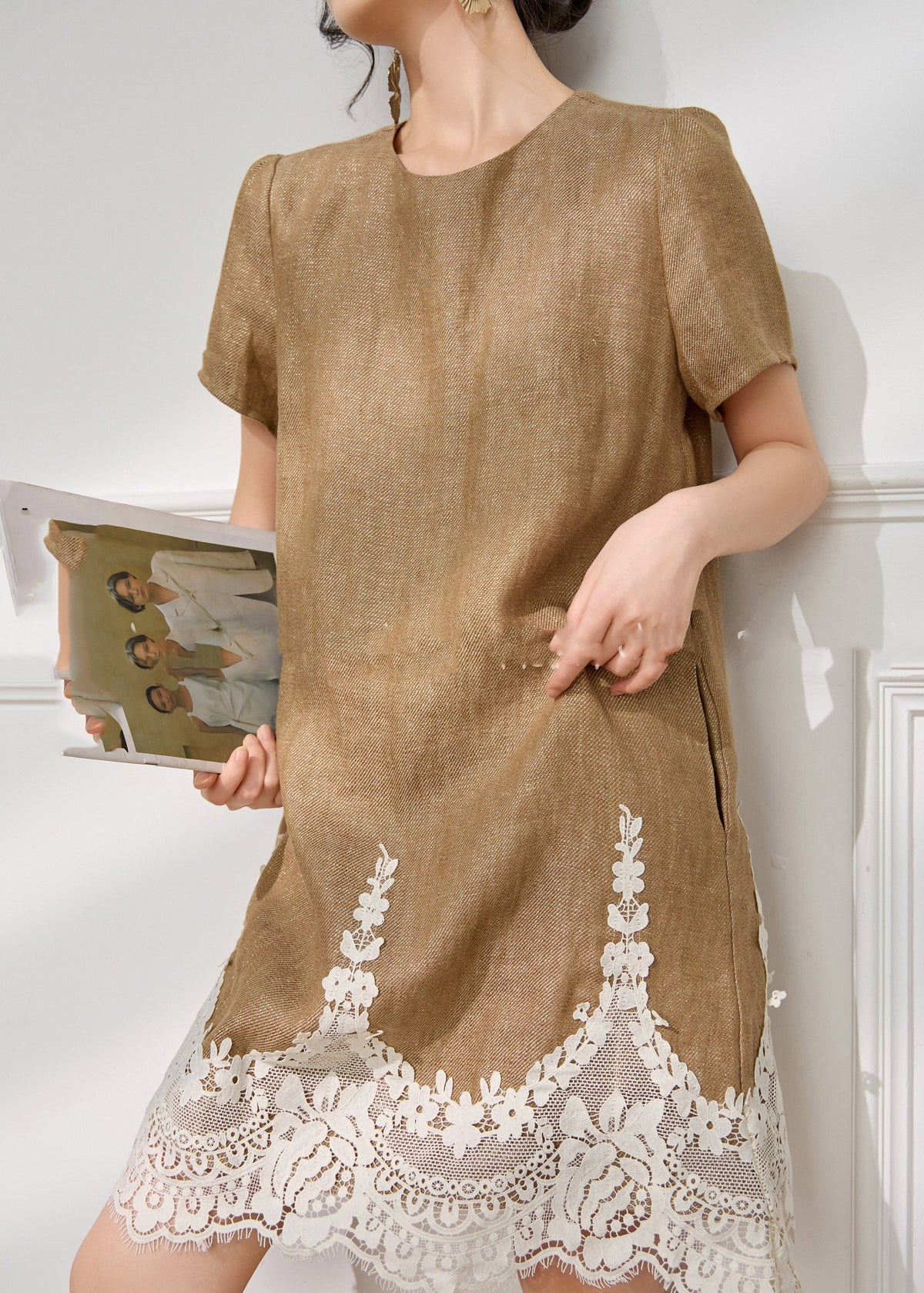 Crew Neck Textured Lace Applique Panel Lace Trim Shift Dress