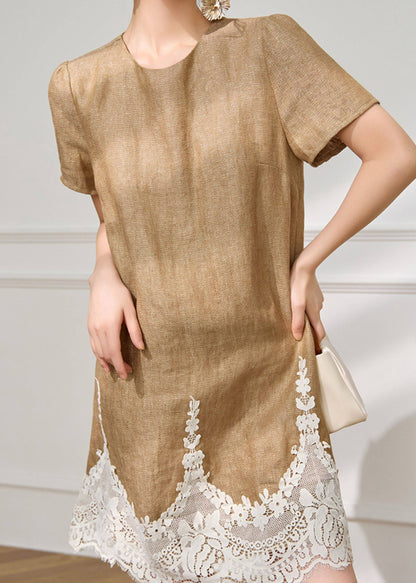 Crew Neck Textured Lace Applique Panel Lace Trim Shift Dress