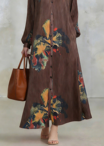 Pointed Collar Button-Front Plisse Pleated Lantern Sleeve Floral Print Maxi Dress
