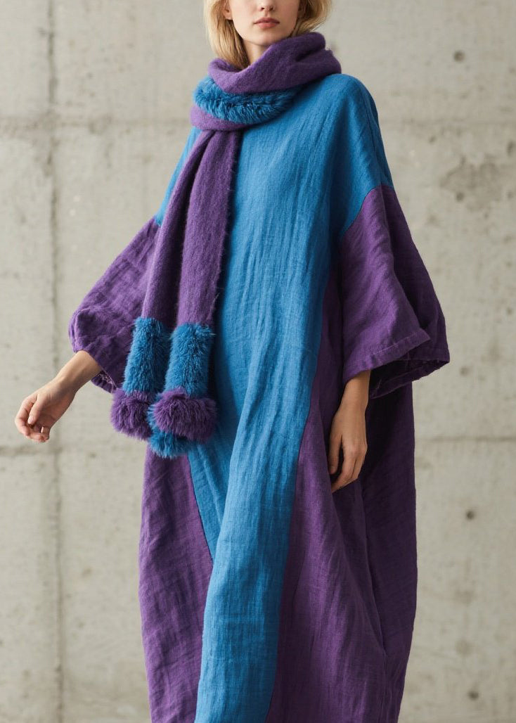 Round Neck Batwing Sleeve Colorblock Crinkle Linen Maxi Dress with Pom-Pom Scarf