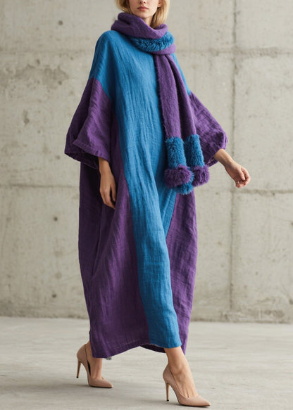 Round Neck Batwing Sleeve Colorblock Crinkle Linen Maxi Dress with Pom-Pom Scarf