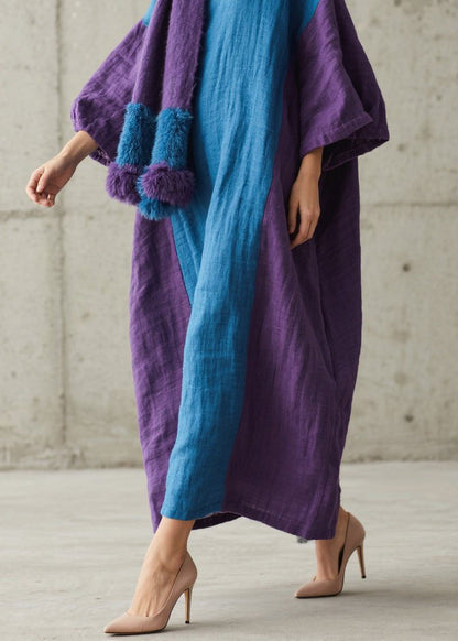 Round Neck Batwing Sleeve Colorblock Crinkle Linen Maxi Dress with Pom-Pom Scarf