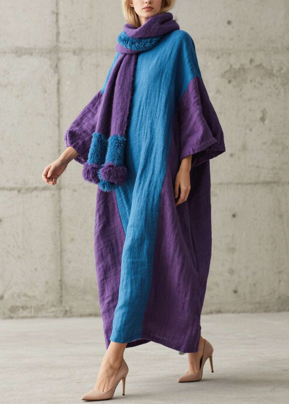 Round Neck Batwing Sleeve Colorblock Crinkle Linen Maxi Dress with Pom-Pom Scarf
