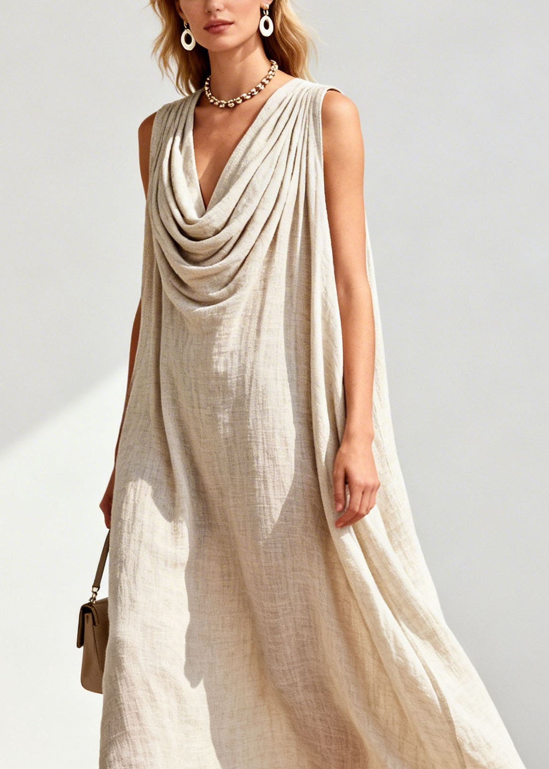 Cowl Neck Sleeveless Tassel Trim Embroidered Hem Linen Maxi Dress