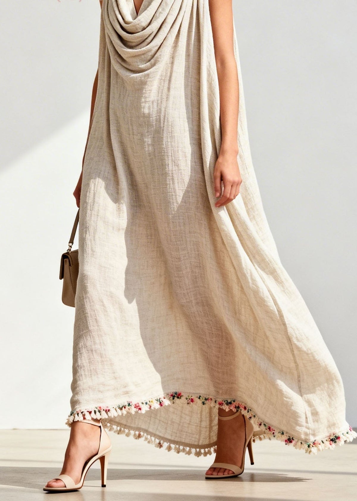 Cowl Neck Sleeveless Tassel Trim Embroidered Hem Linen Maxi Dress