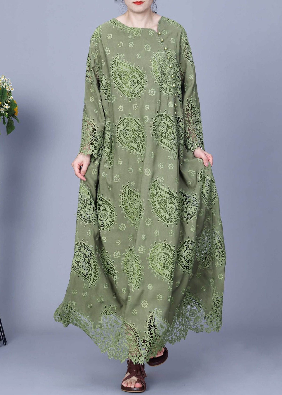 Round Neck Asymmetric Button Paisley Eyelet Scalloped Hem Maxi Dress
