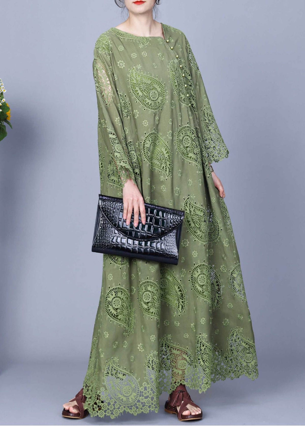 Round Neck Asymmetric Button Paisley Eyelet Scalloped Hem Maxi Dress