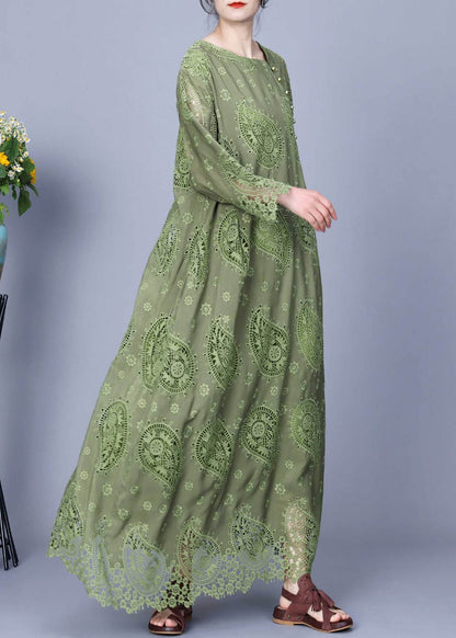 Round Neck Asymmetric Button Paisley Eyelet Scalloped Hem Maxi Dress