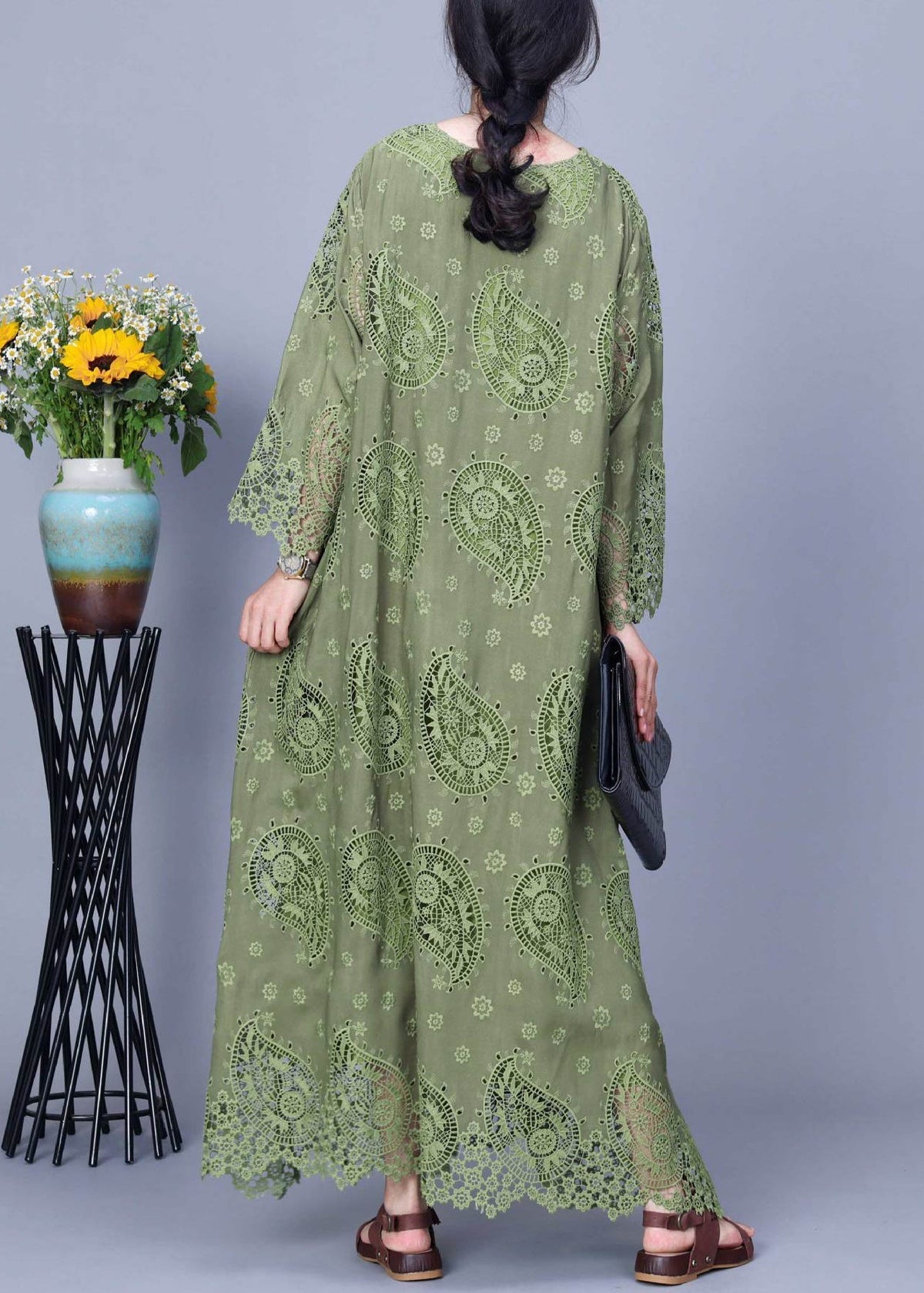 Round Neck Asymmetric Button Paisley Eyelet Scalloped Hem Maxi Dress