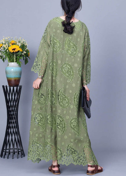 Round Neck Asymmetric Button Paisley Eyelet Scalloped Hem Maxi Dress